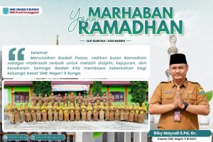 Poster Ucapan Ramadhan 1447 H SMK Negeri 9 Bungo oleh Kepala Sekolah Riky Mayudi S.Pd, Gr