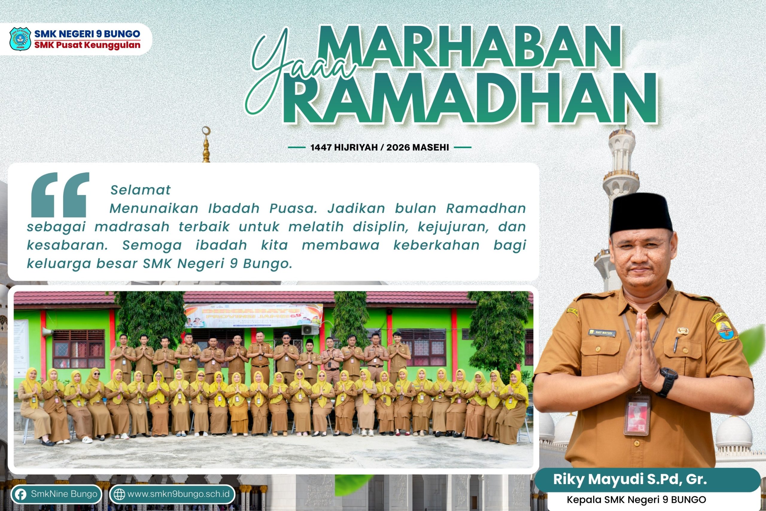 Poster Ucapan Ramadhan 1447 H SMK Negeri 9 Bungo oleh Kepala Sekolah Riky Mayudi S.Pd, Gr